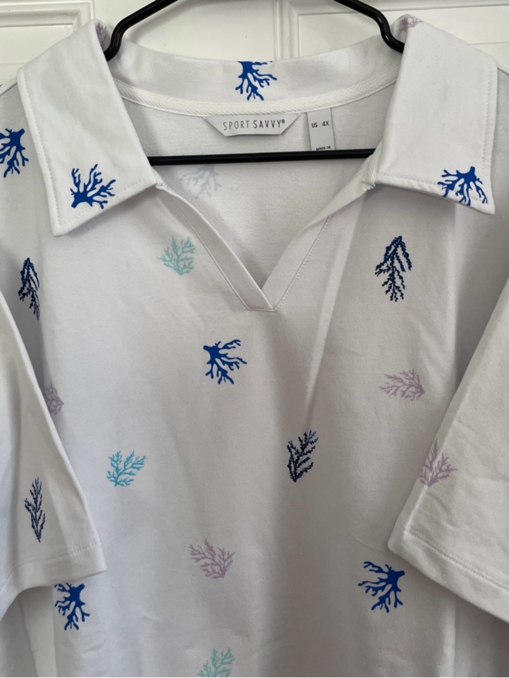 White Short Sleeve Polo Tee with Blue Coral Print